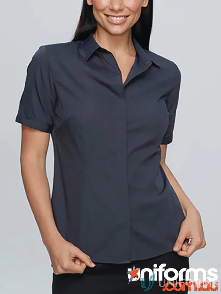 Woman’s short-sleeved gray button-up shirt from Ladies Grange S/S workwear collection