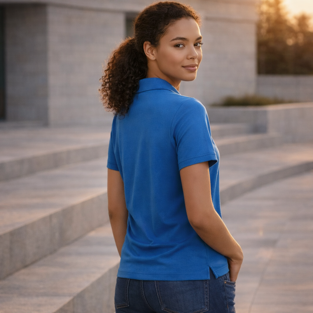 Vibrant royal blue Ladies Haddon Polo shirt with classic collar