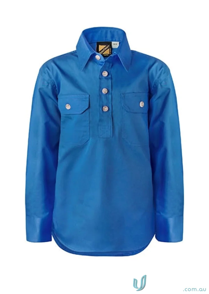 Blue long-sleeved work shirt with twin needle stitching from Workcraft Ladies Half Placket