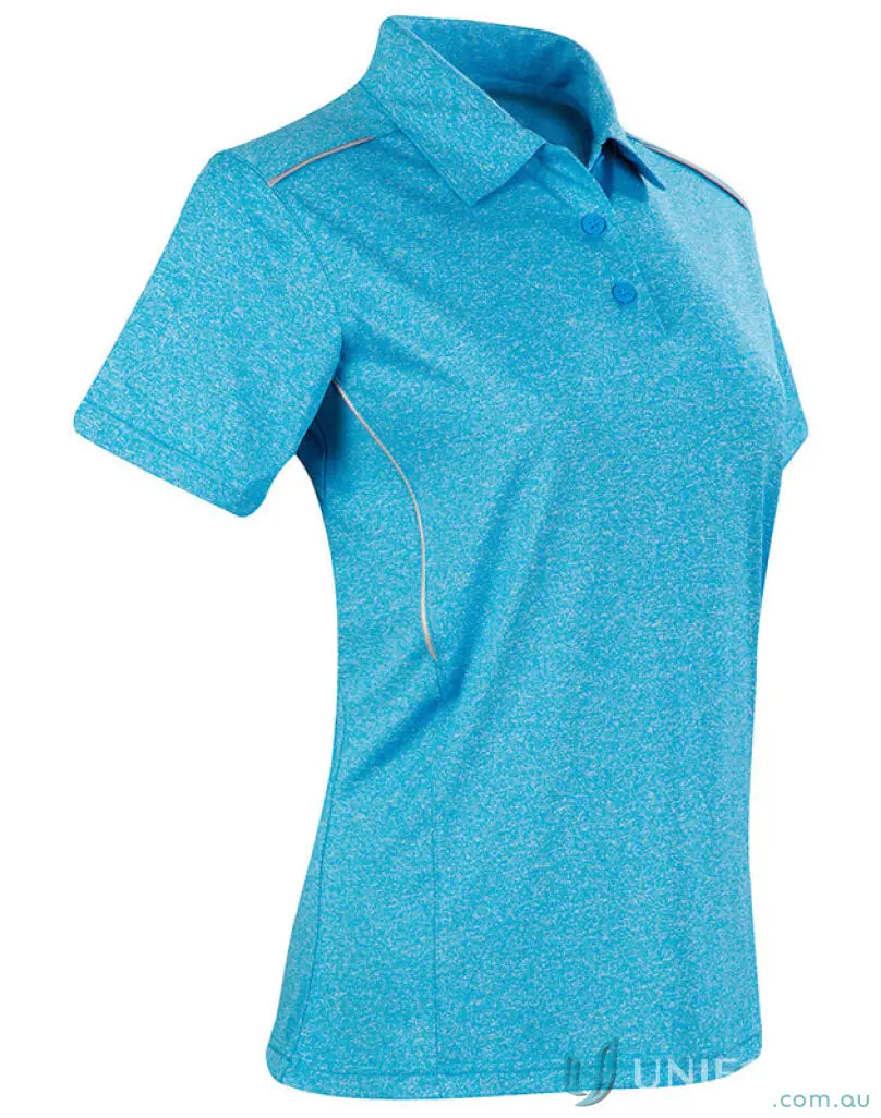 Ladies Harland polo shirt in blue heather with rapid cool cationic fabric and reflective piping