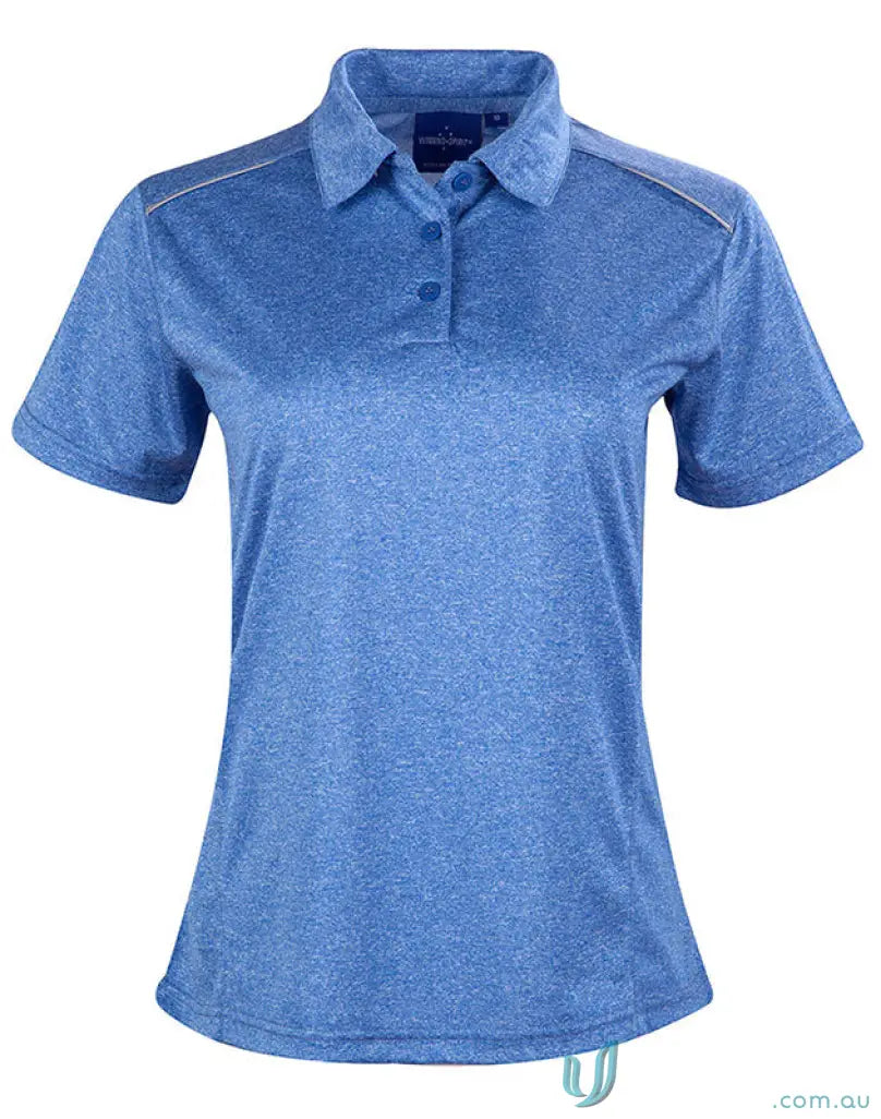 Ladies Harland blue polo shirt with rapid cool cationic fabric and reflective piping