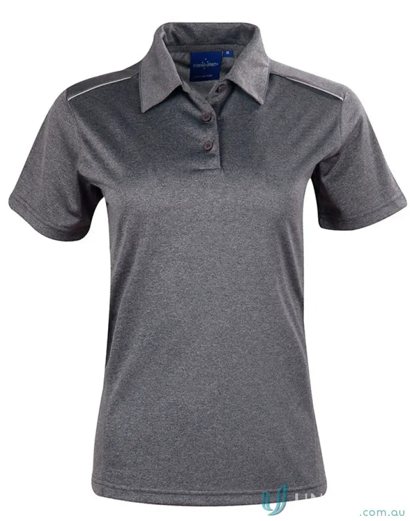 Ladies Harland gray polo shirt with rapid cool cationic fabric and reflective piping