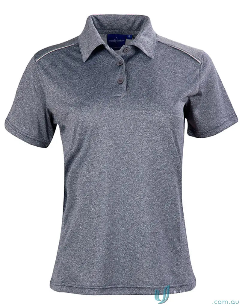 Gray ladies Harland polo shirt with rapid cool cationic fabric and reflective piping