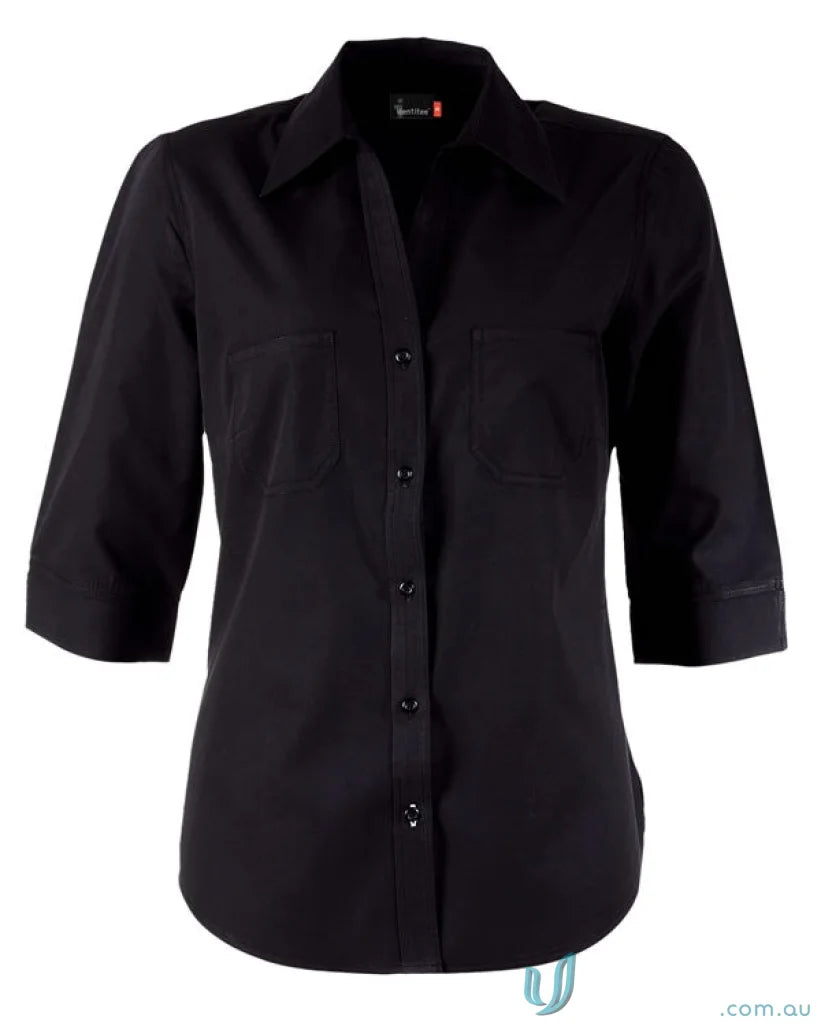 Ladies Harley black button-up workwear shirt with three-quarter sleeves and front pockets