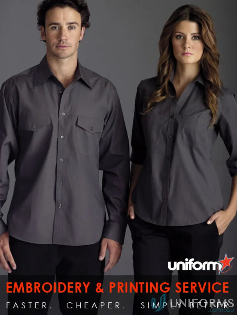 Ladies Harley 3Qtr Shirt worn as stylish workwear uniforms by two models