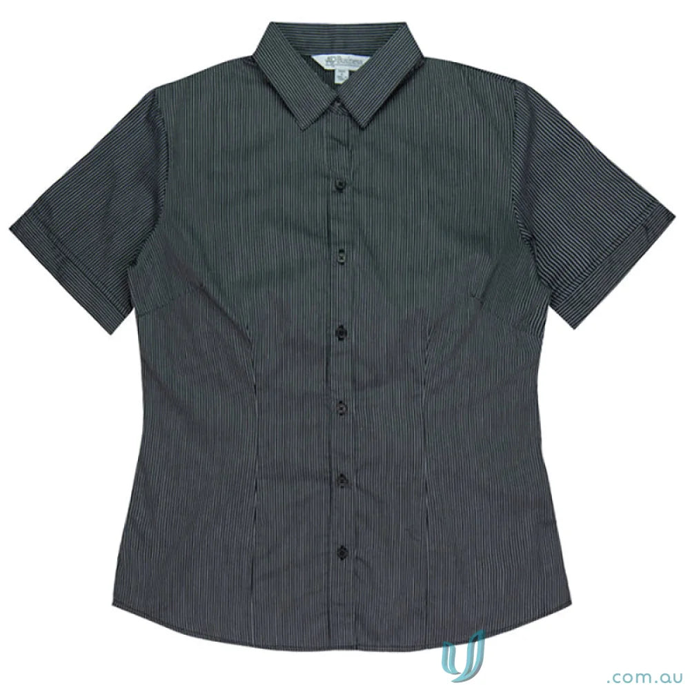 Ladies Henely S/S Shirt with striped cuff details and flattering waist darts