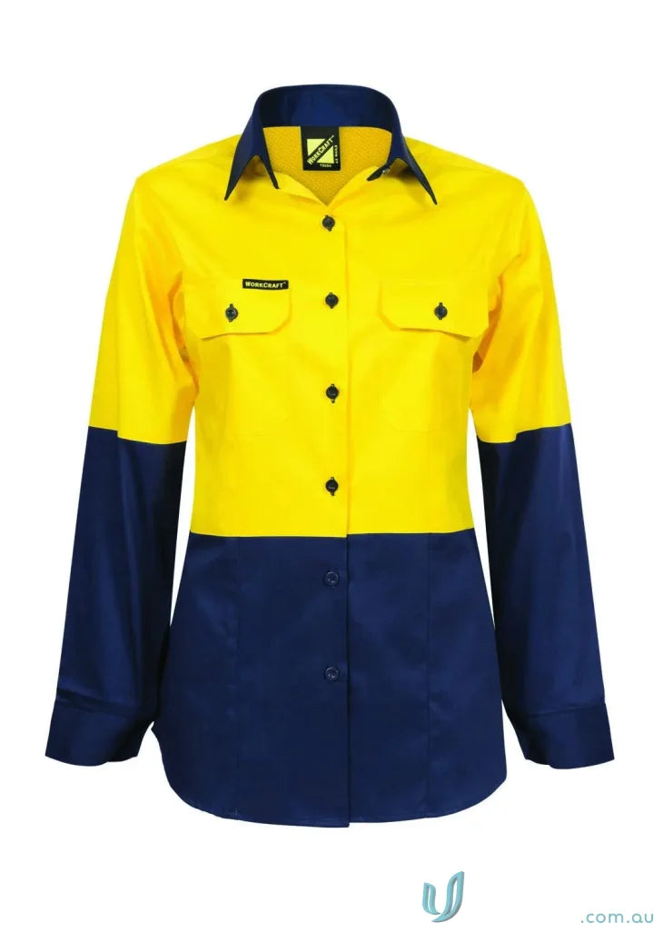 Yellow and navy blue ladies work shirt made of cotton drill with twin needle stitching to stay cool