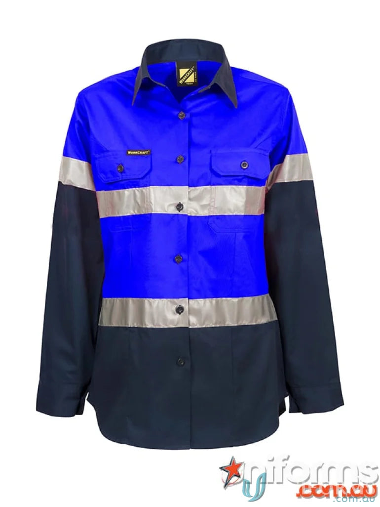 Ladies HI VIS 2 Tone Shirt with blue and black reflective tape for visibility