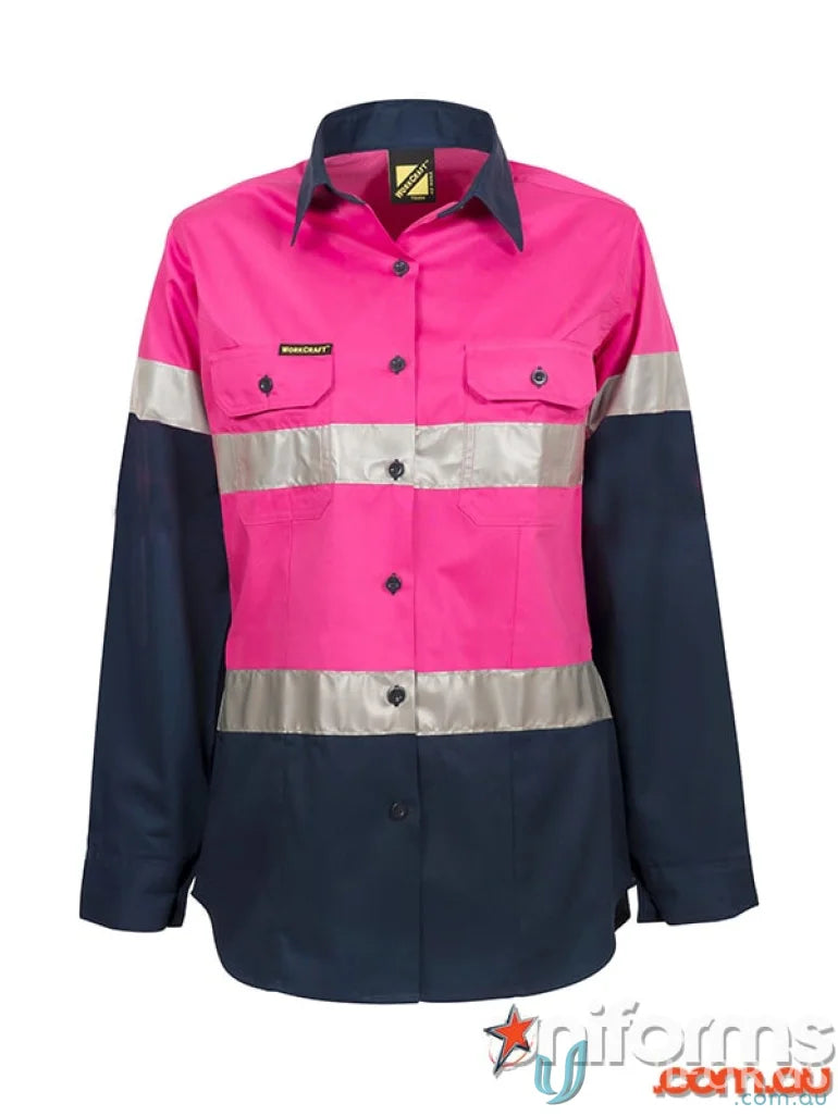Pink and navy blue ladies hi-vis shirt with reflective tape and tone shirt reflective design