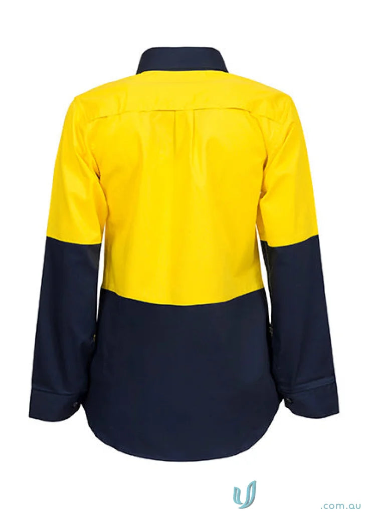 Yellow and navy blue ladies HI VIS 2 Tone Shirt with cotton drill fabric and twin needle stitching for staying cool