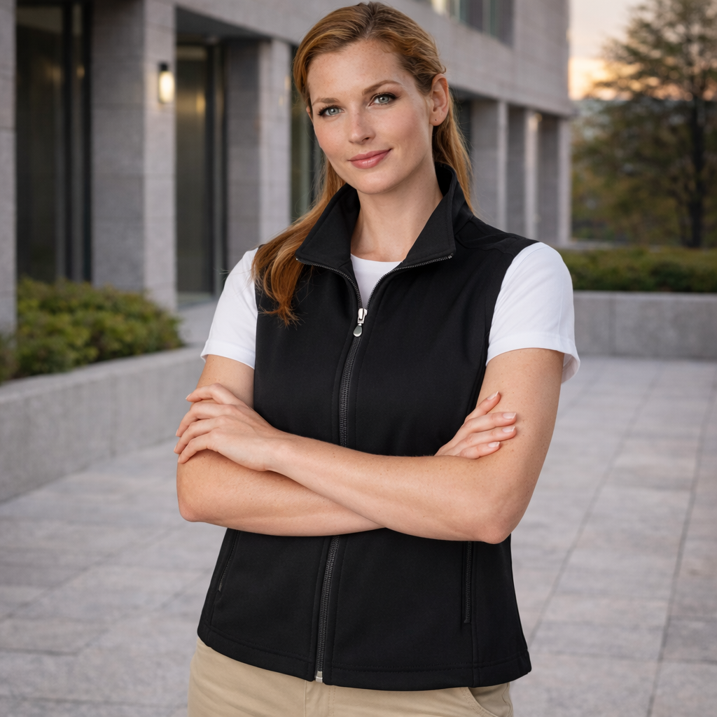 Jk26 ladies hitech softshell vest black zip-front with collar pockets