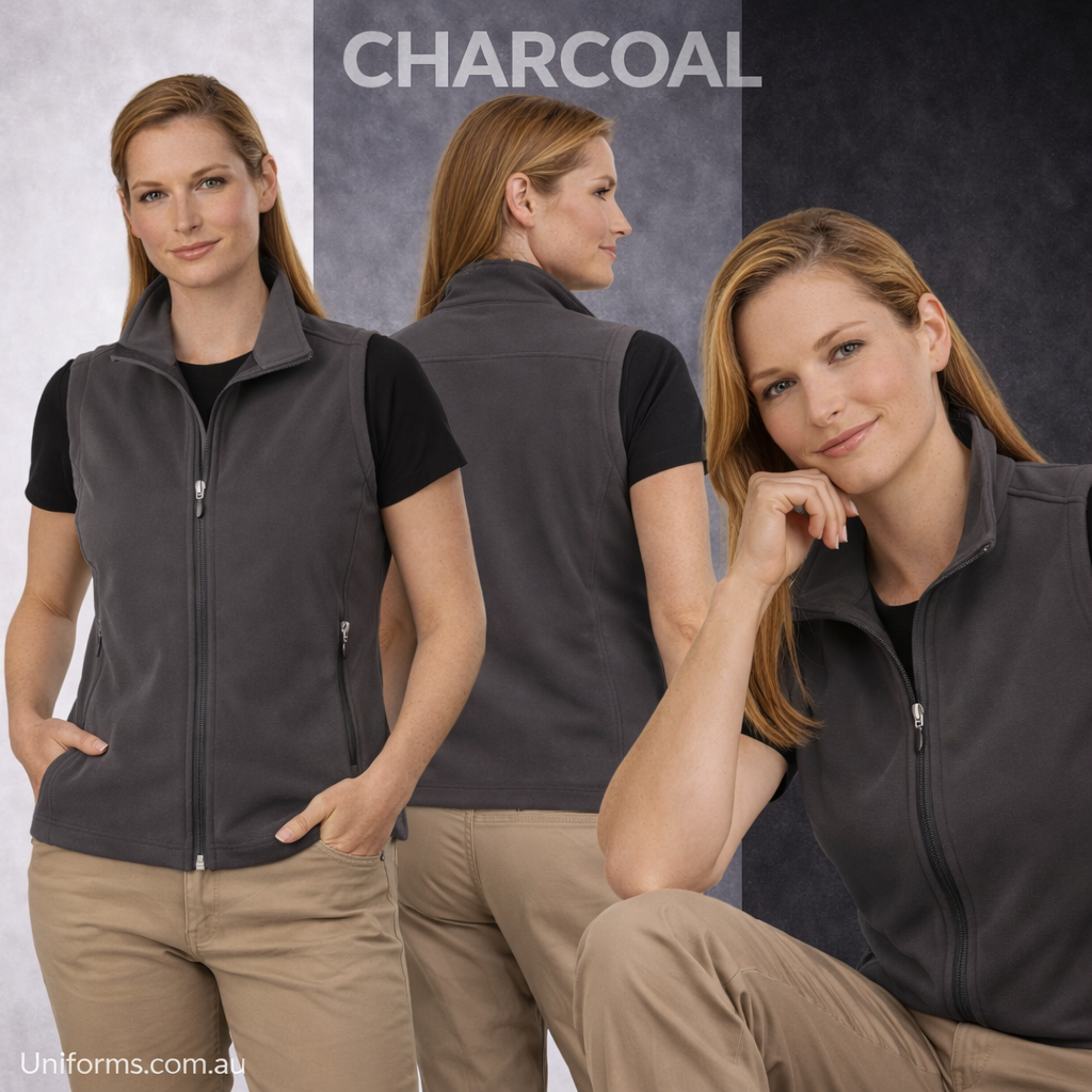 Jk26 ladies hitech softshell vest in charcoal gray with zip front and pockets