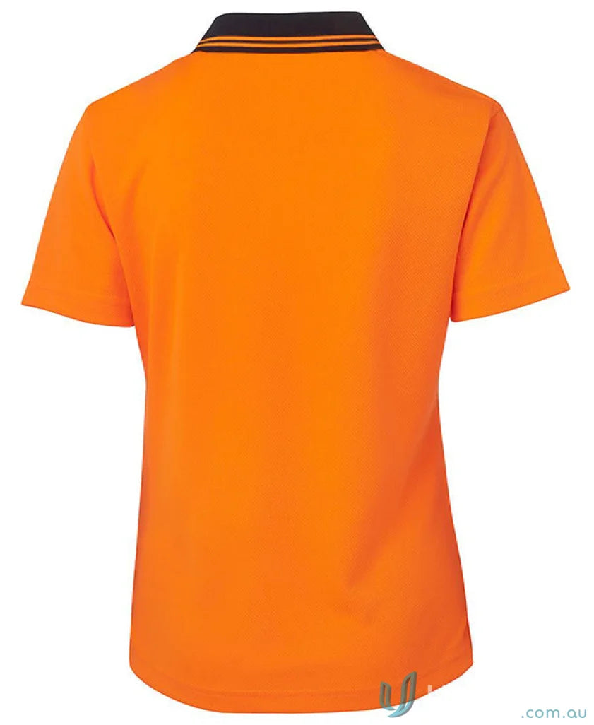 Orange polo shirt with black orange collar from Ladies HiVis SS Comfort Polo workwear fabric