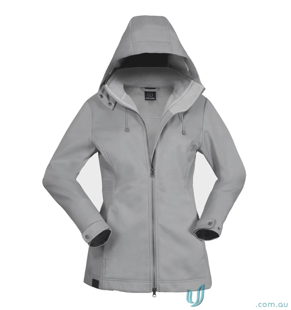 Gray hooded softshell jacket from Ladies Horizon Jacket with waterproof stay dry and detachable hood for women