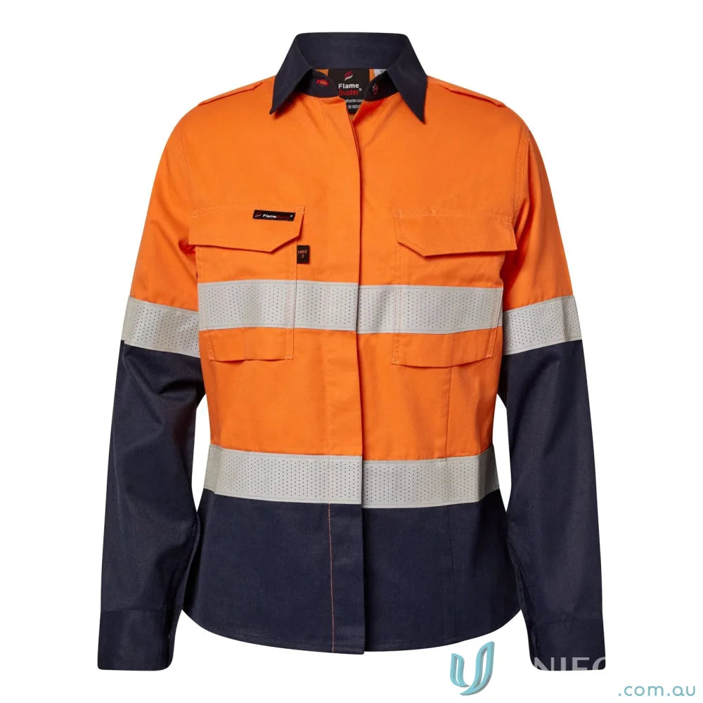 Ladies HRC2 inherent hi-vis reflective long-sleeve work shirt with orange navy blue design