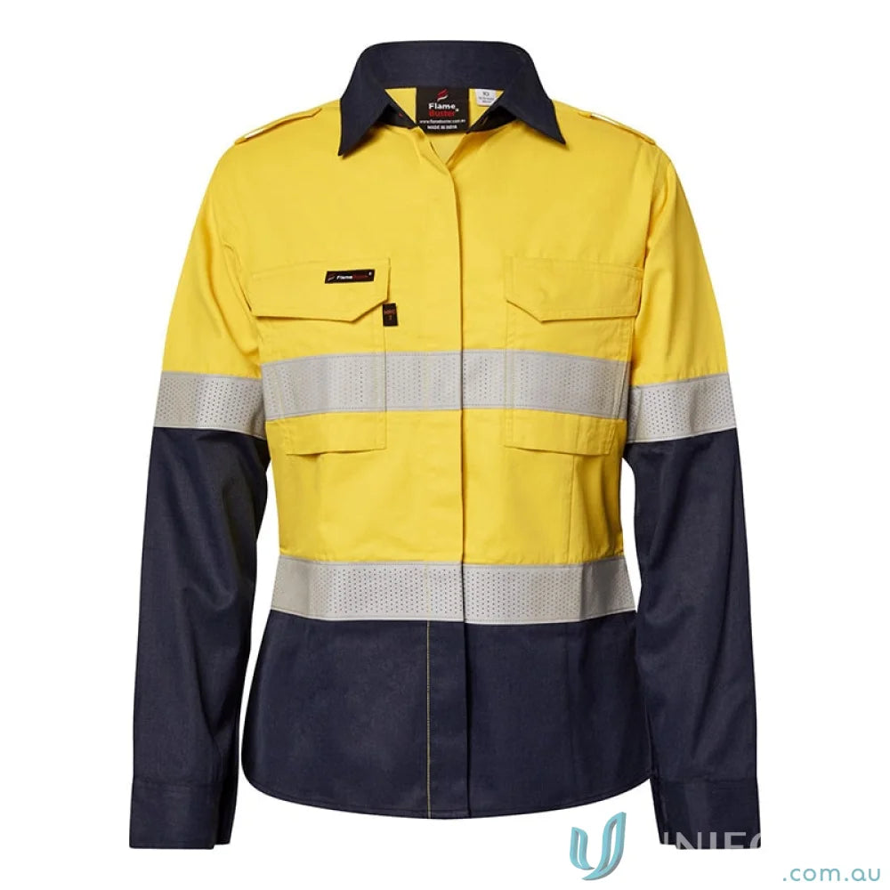 Ladies HRC2 Inherent HiVis Reflective LS Shirt in yellow and navy with reflective stripes