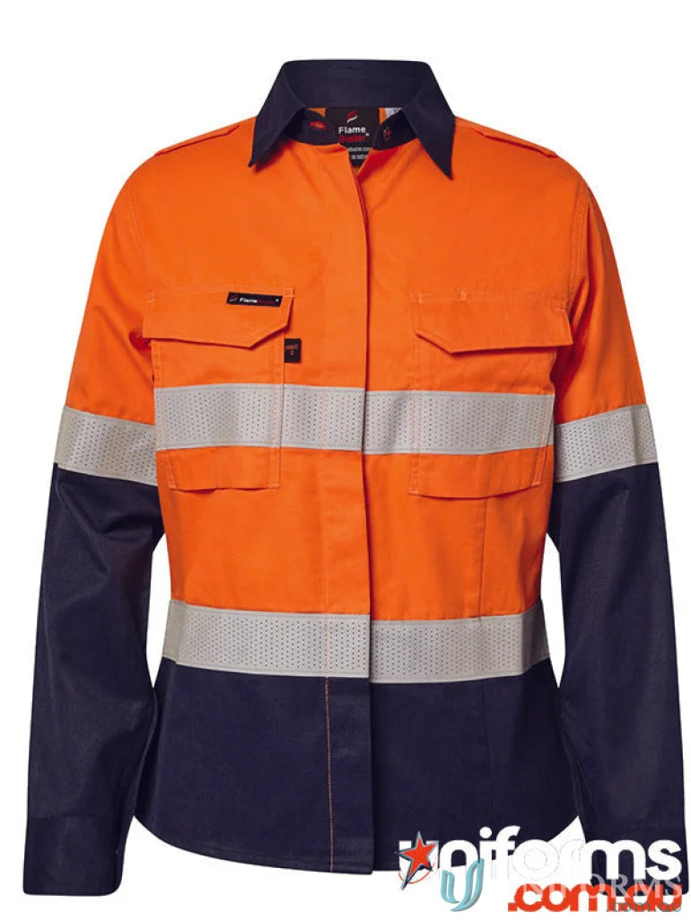 Ladies HRC2 Inherent HiVis Reflective LS Shirt with orange navy long sleeves and pockets