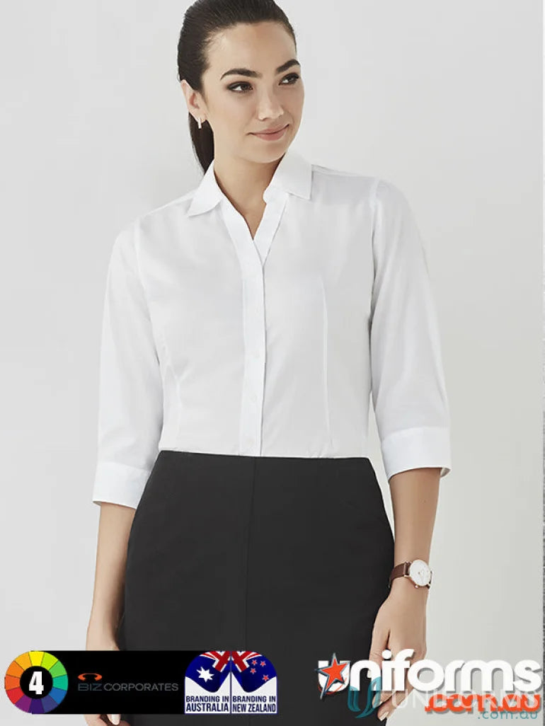 Ladies Hudson cotton 3qtr shirt in white, perfect for real estate pros and casual wear