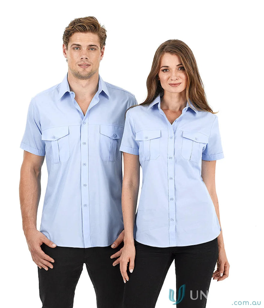 Light blue ladies jasper short sleeve shirts with chest pockets on a man and woman