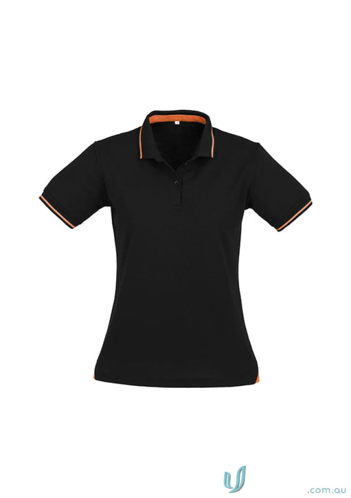 Ladies Jet Collection black short sleeve polo with orange and white striped trim