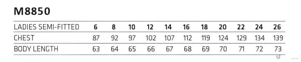 Ladies Julia top size chart with chest and length for ladies short sleeve styles