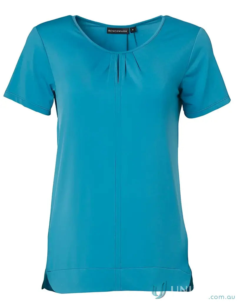 Ladies Julia teal short sleeve top with round neckline and pleats perfect for winning spirit ladies