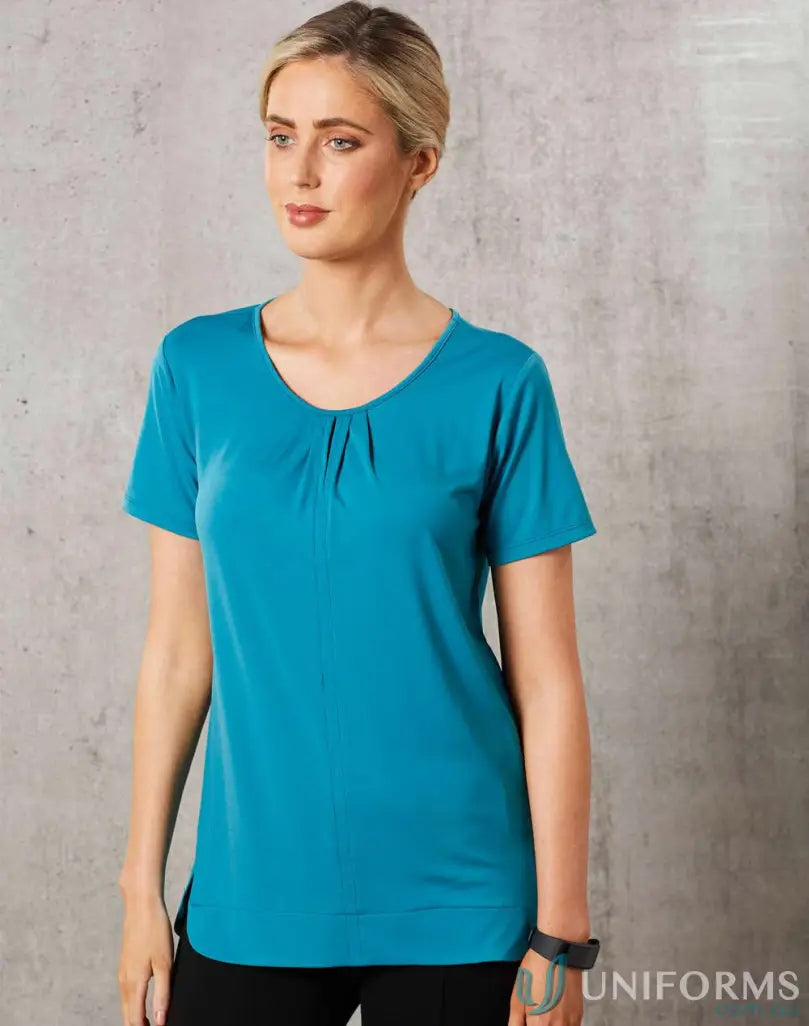 Ladies Julia short sleeve teal top with gathered scoop neck perfect for winning spirit ladies