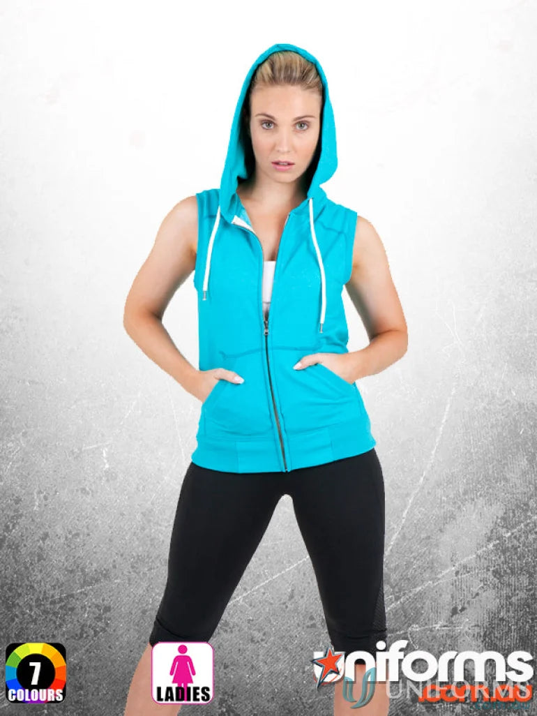 Women’s turquoise sleeveless hoodie with black capri leggings from Ladies Heather Sleeveless Hoodies, perfect workwear or uniforms