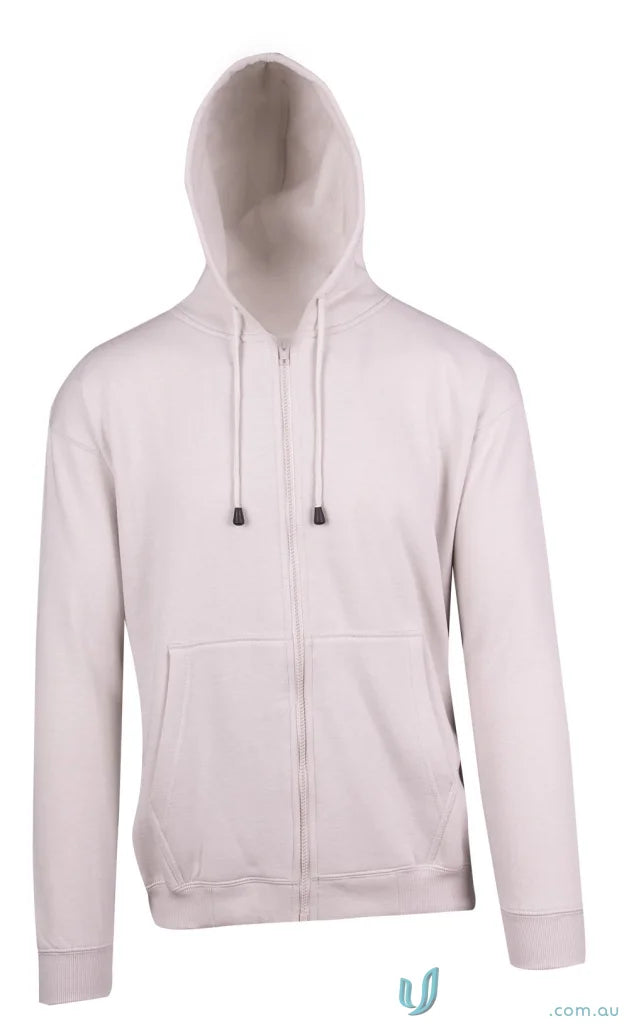 Beige hooded zip-up sweatshirt perfect for casual workwear or uniforms