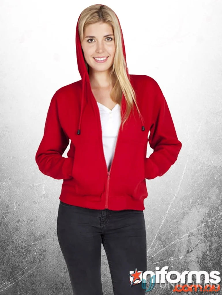 Red hooded zip-up sweatshirt perfect for casual workwear or uniforms