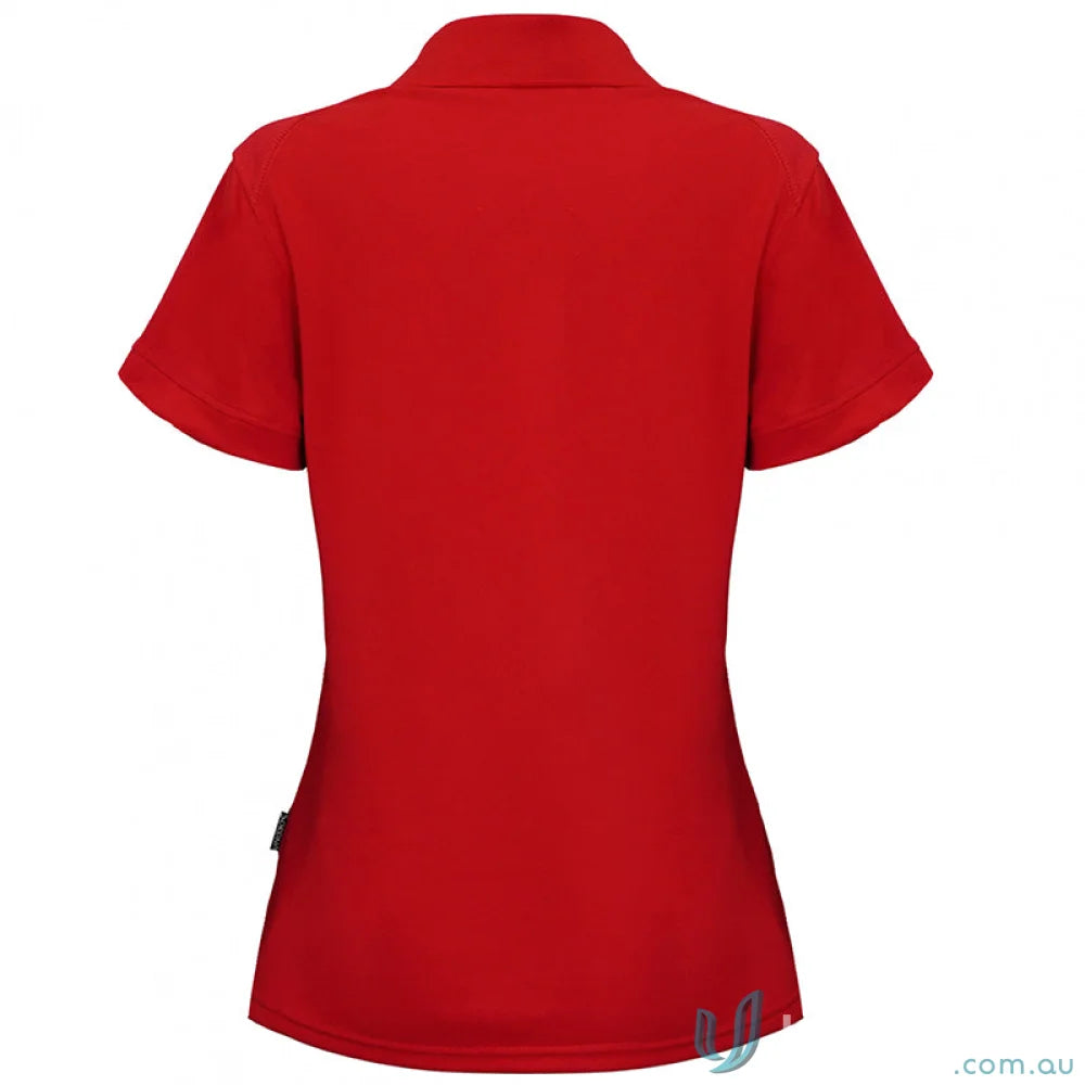 Red Ladies Kahve Polos made from cationic polyester, perfect for uniforms and workwear