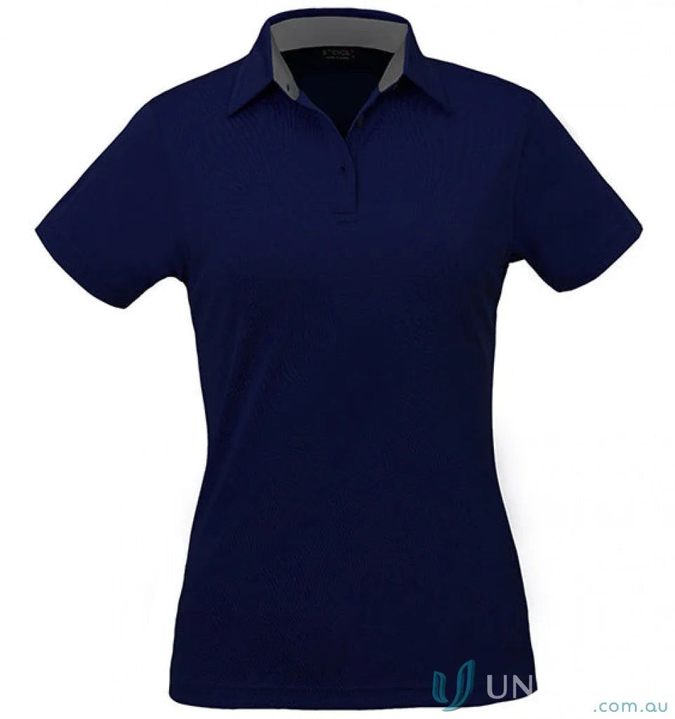 Ladies Kahve Polos navy blue short-sleeved workwear polo shirt with gray collar, made of cationic polyester