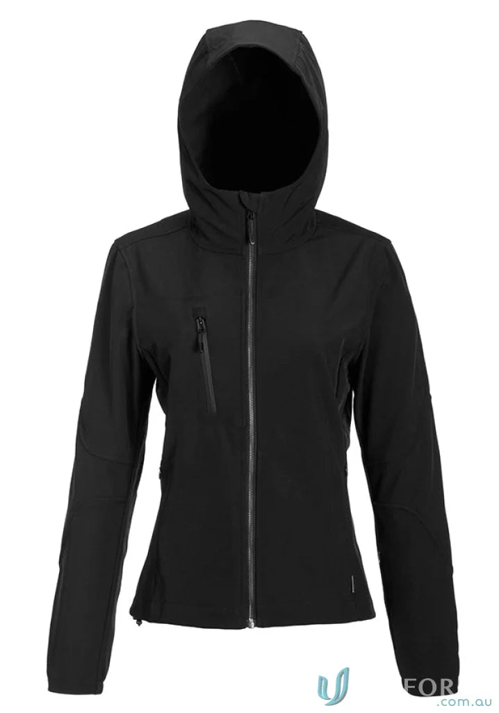 Black hooded ladies Kepler jacket with double-knit mesh interior, perfect for urban style