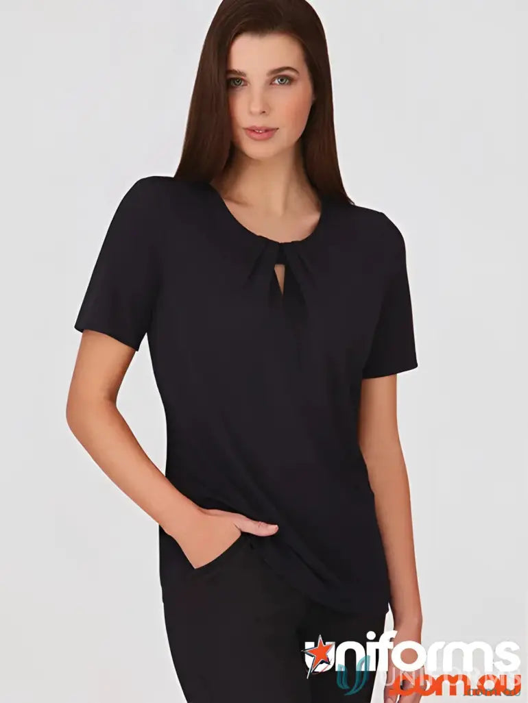 Woman modeling Ladies Keyhole Knit top with crepe texture and gathered front detail