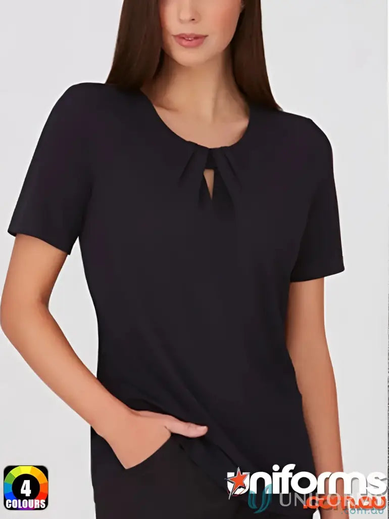 Black Ladies Keyhole Knit top with crepe texture and pleat detail for uniforms