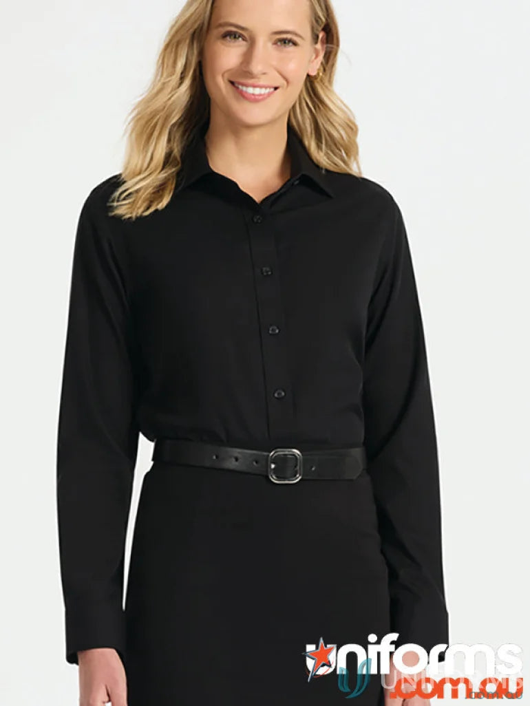 Ladies Kingston Long Sleeve Shirt in black, perfect for travelers and casual wear