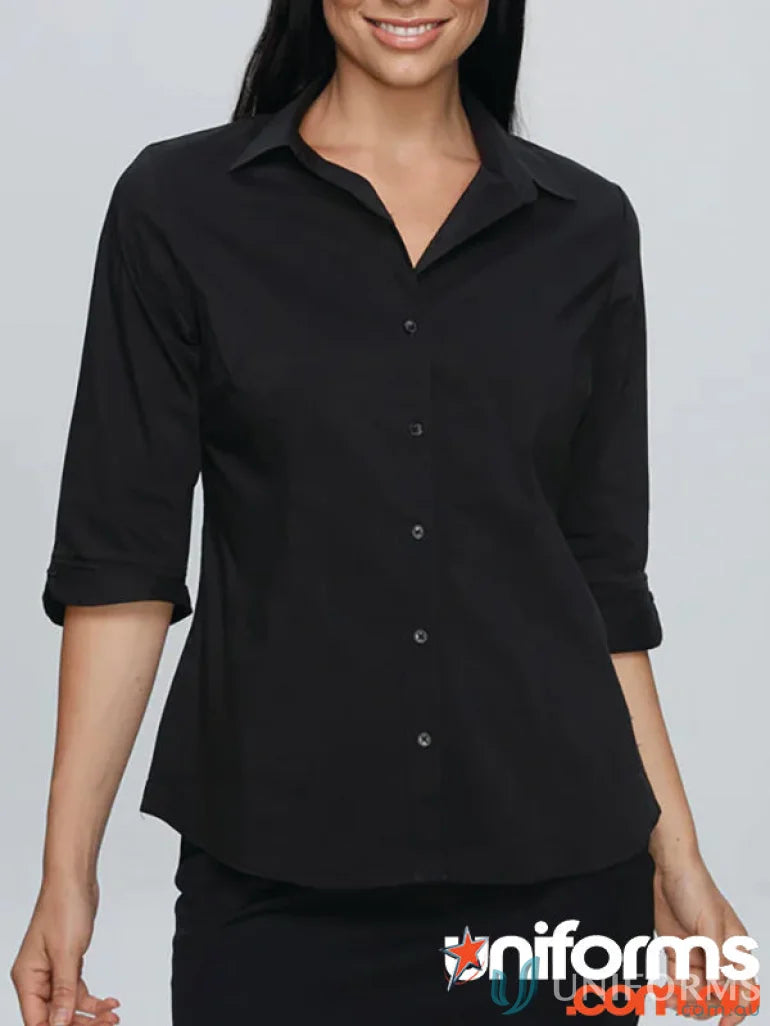 Black button-down shirt from Ladies Kingswood 3Q Shirt, perfect for work uniforms