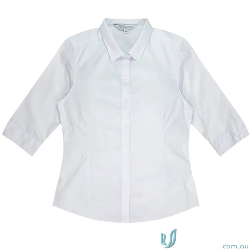 White three-quarter sleeve button-down shirt from Ladies Kingswood 3Q Shirt, perfect workwear