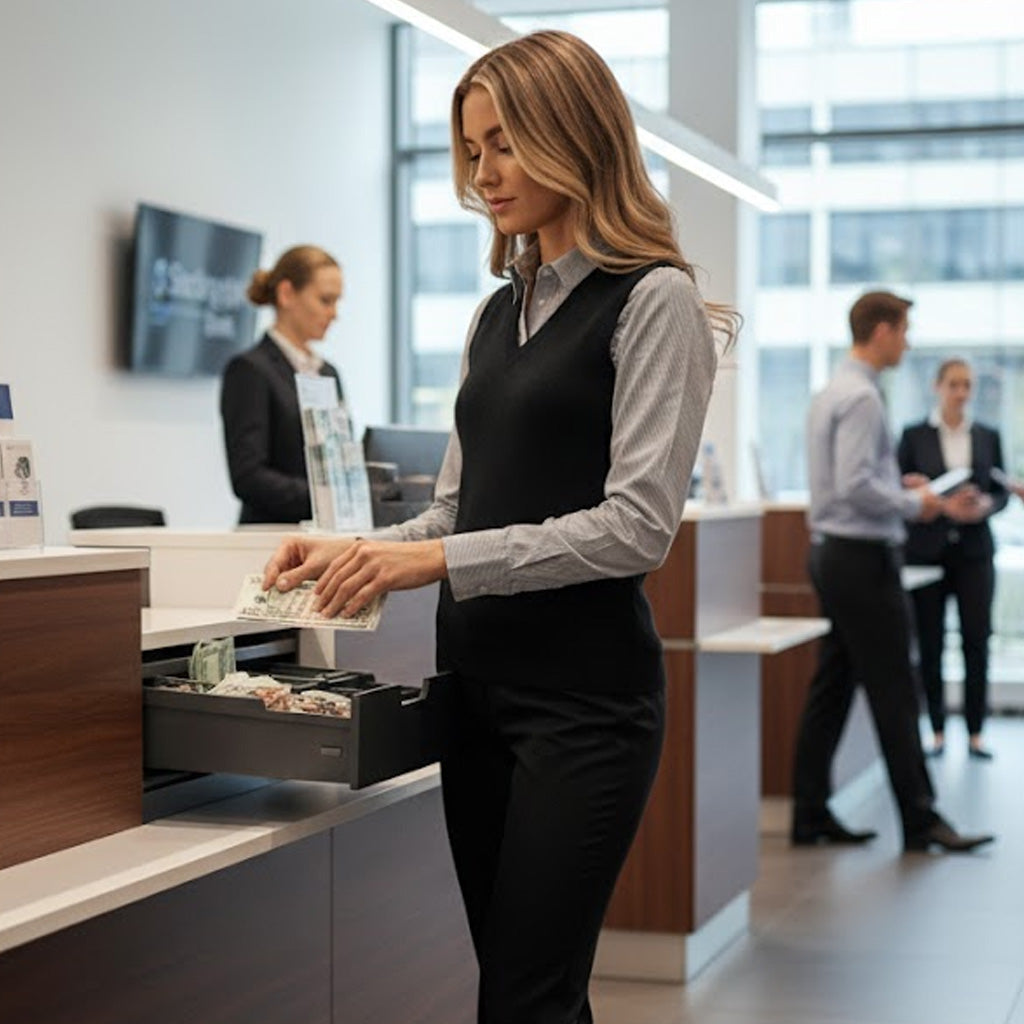 Ladies knit vest: black sleeveless over light gray button-down