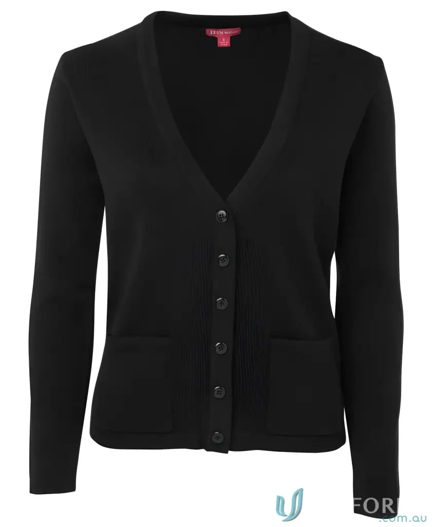 Ladies knitted cardigan with black V-neck, classic fit construction, acrylic blend perfect combo