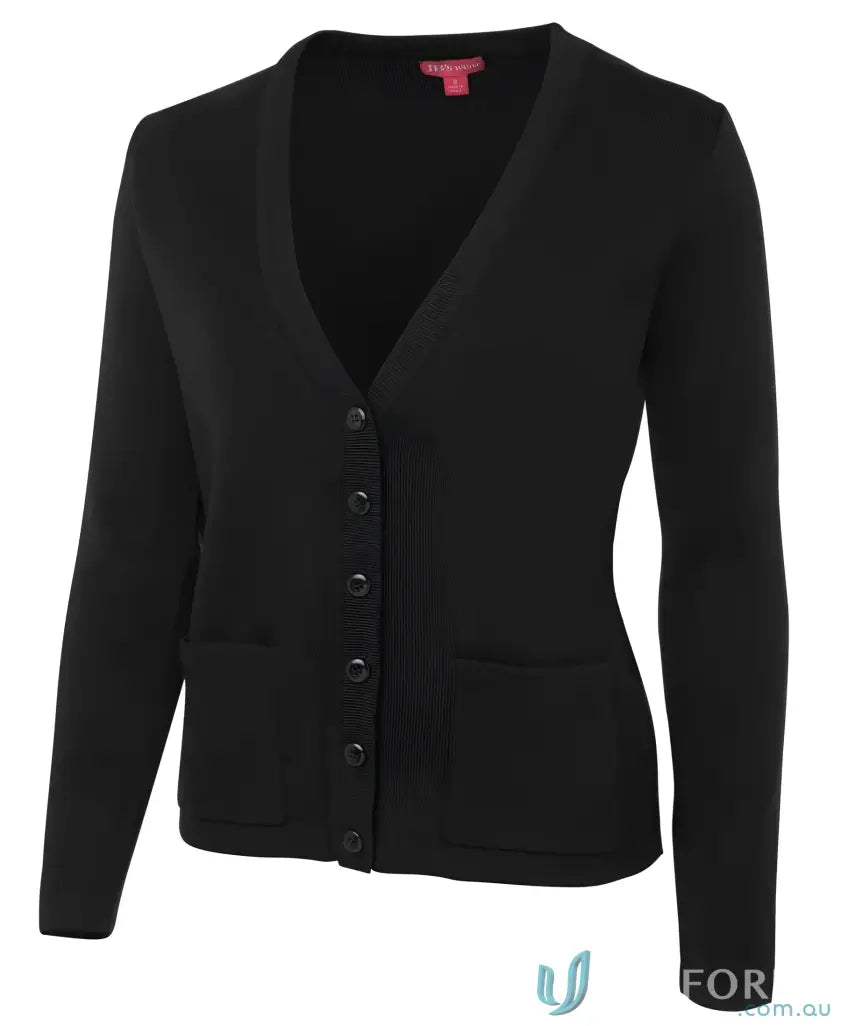 Black V-neck cardigan with pockets from Ladies Knitted Cardigan collection, stylish acrylic blend perfect combo
