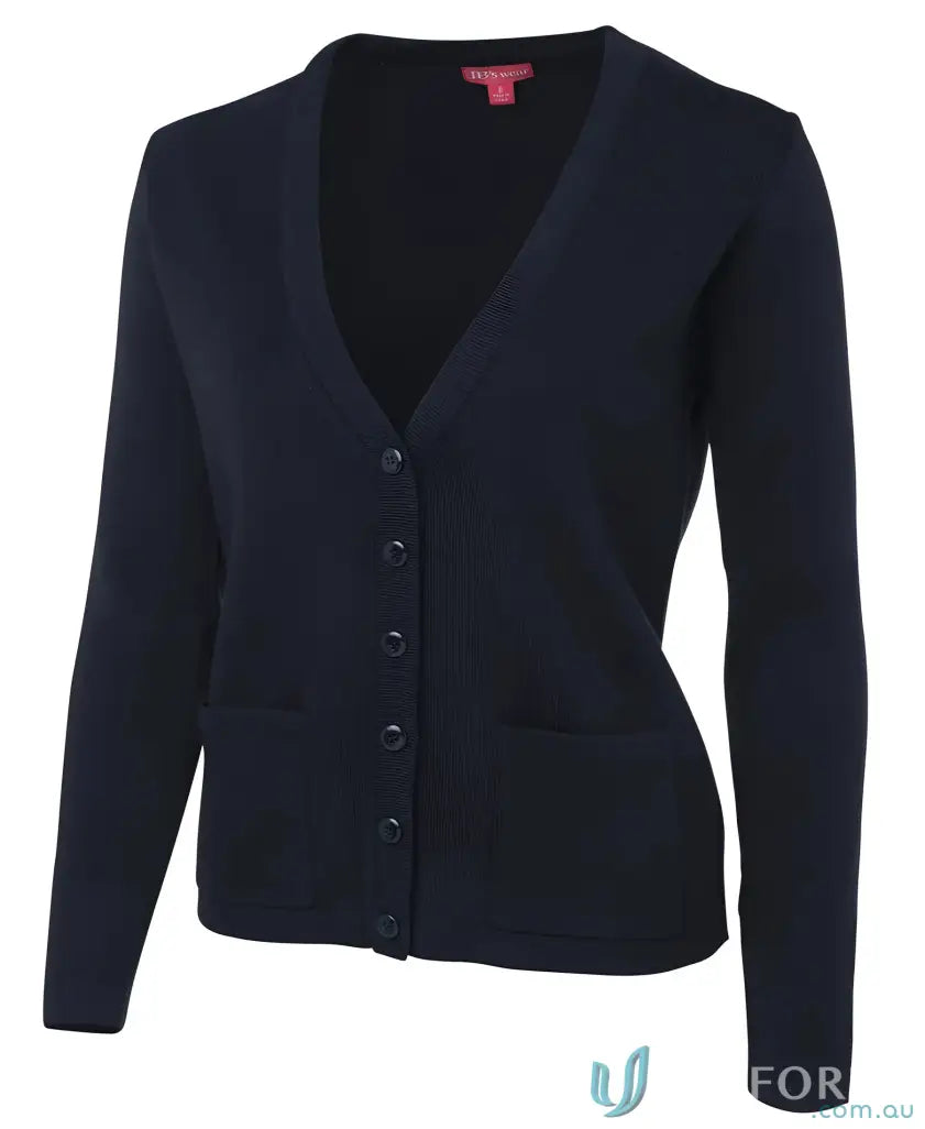 Navy blue ladies knitted cardigan with classic fit construction and acrylic blend perfect combo