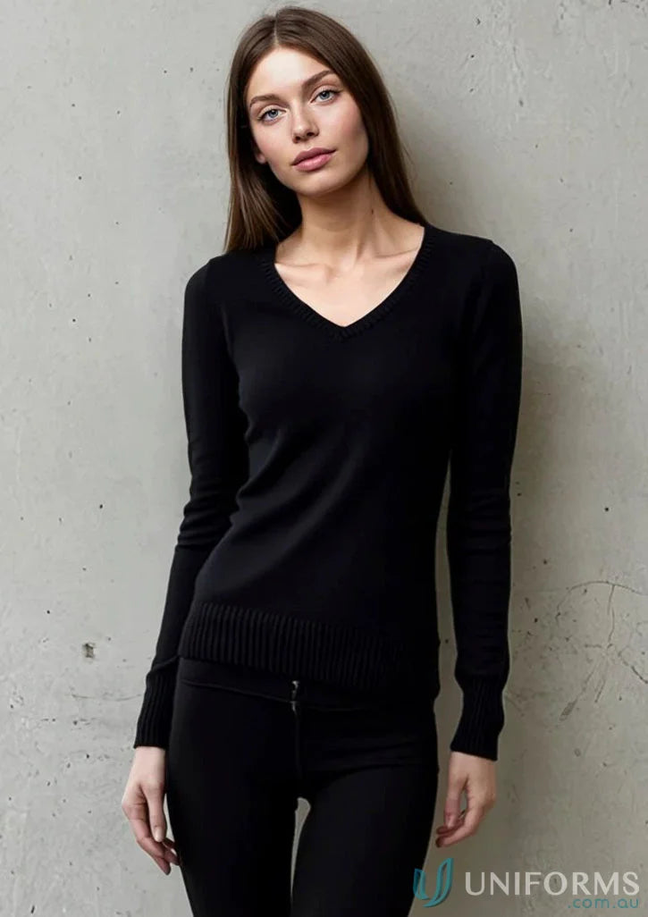 Black V-neck sweater from ladies knitted jumper with urban fit and needle 12-gauge knit