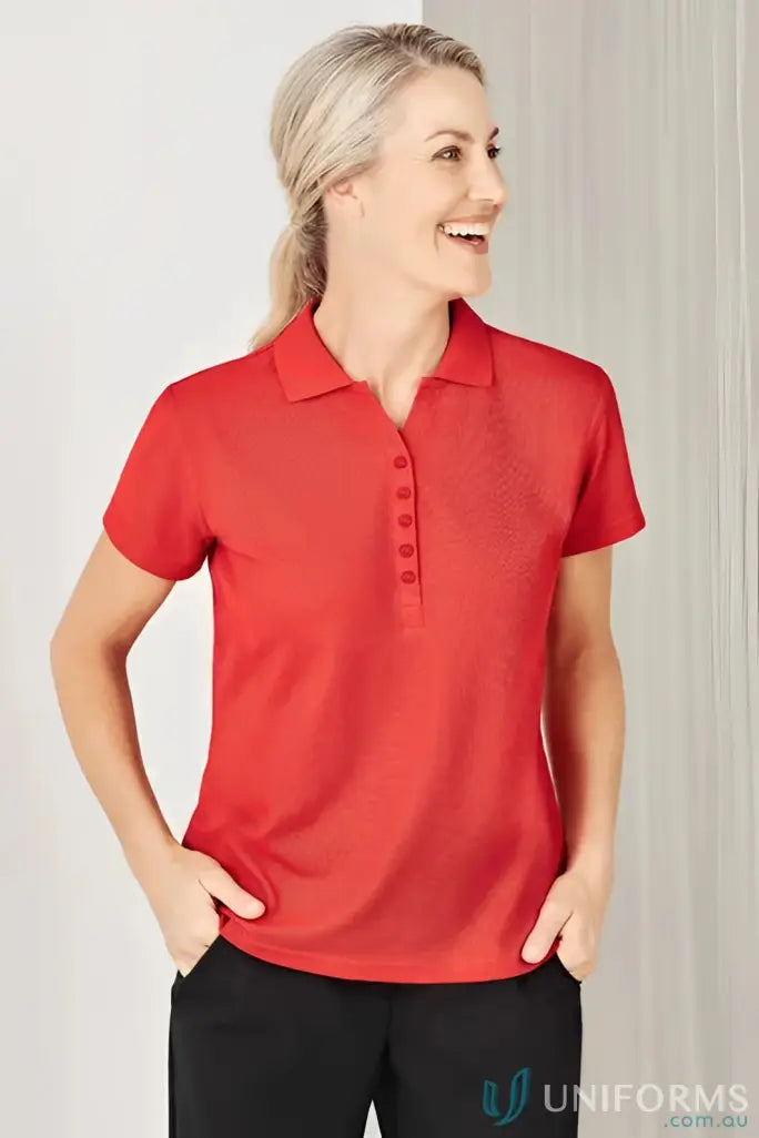 Ladies Talon Short red polo shirt with five-button placket for workwear game