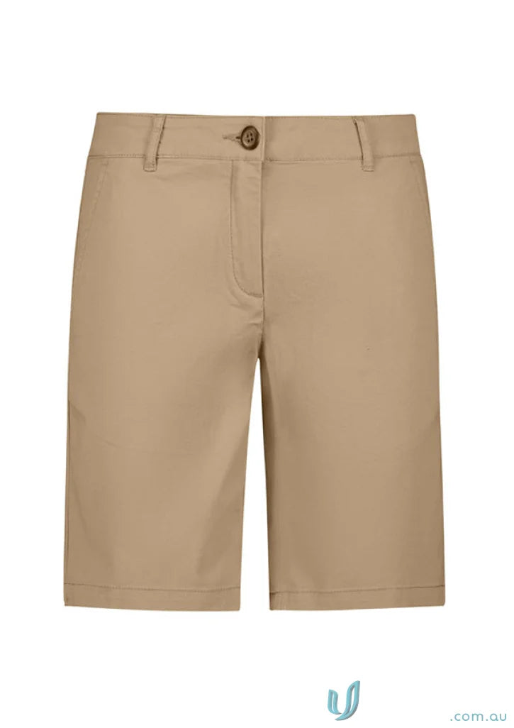 Khaki-colored Ladies Lawson Chino Short from BS021L Biz Collection for womens lawson chino style