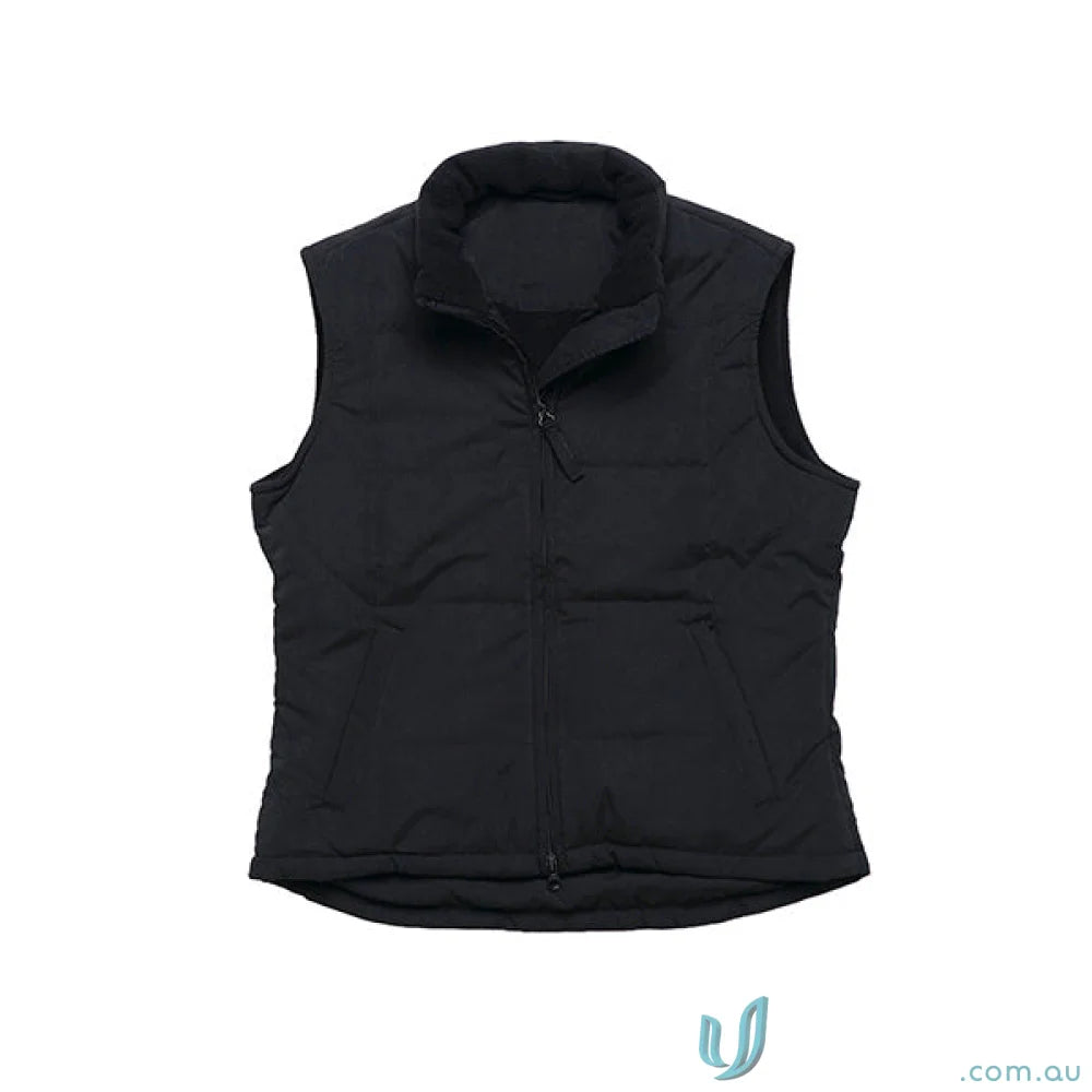 Black sleeveless puffer vest with high collar and front zipper for ladies legacy vest style