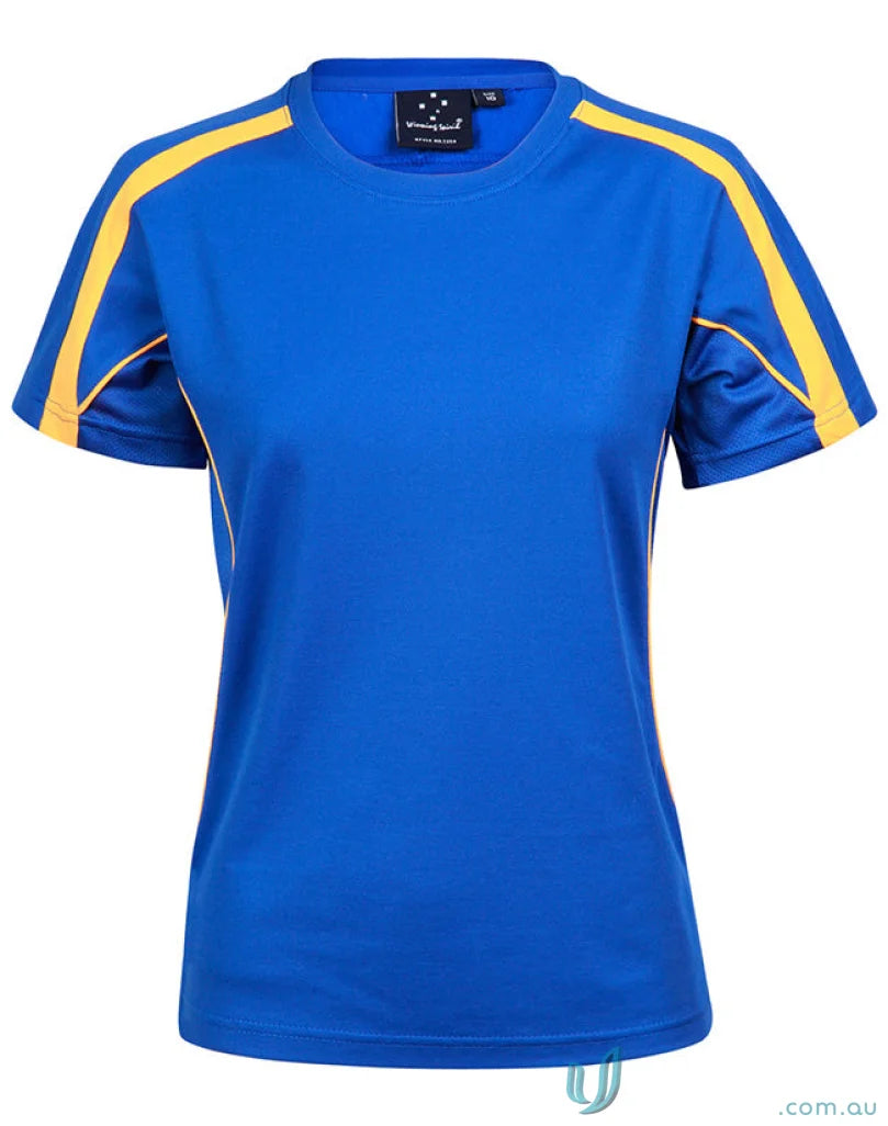Blue and yellow Legend Tee shirt for athletic uniforms, perfect Ladies Legend Tee