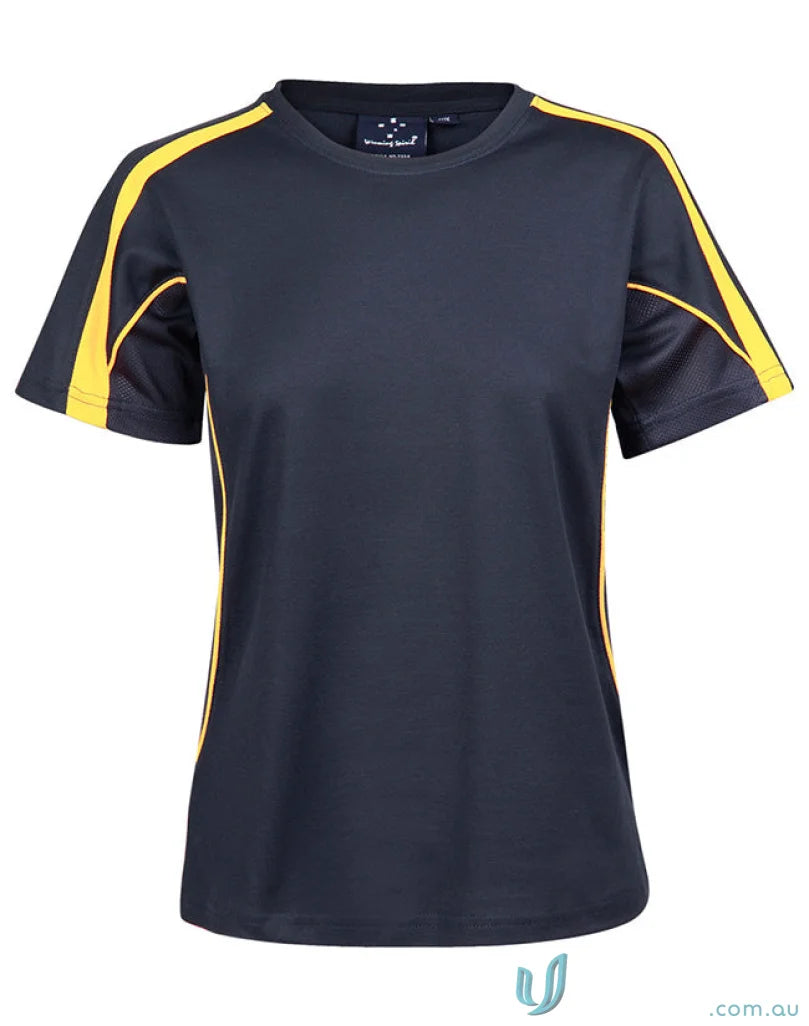 Ladies Legend Tee navy and gold athletic tee shirt perfect for sportive uniforms