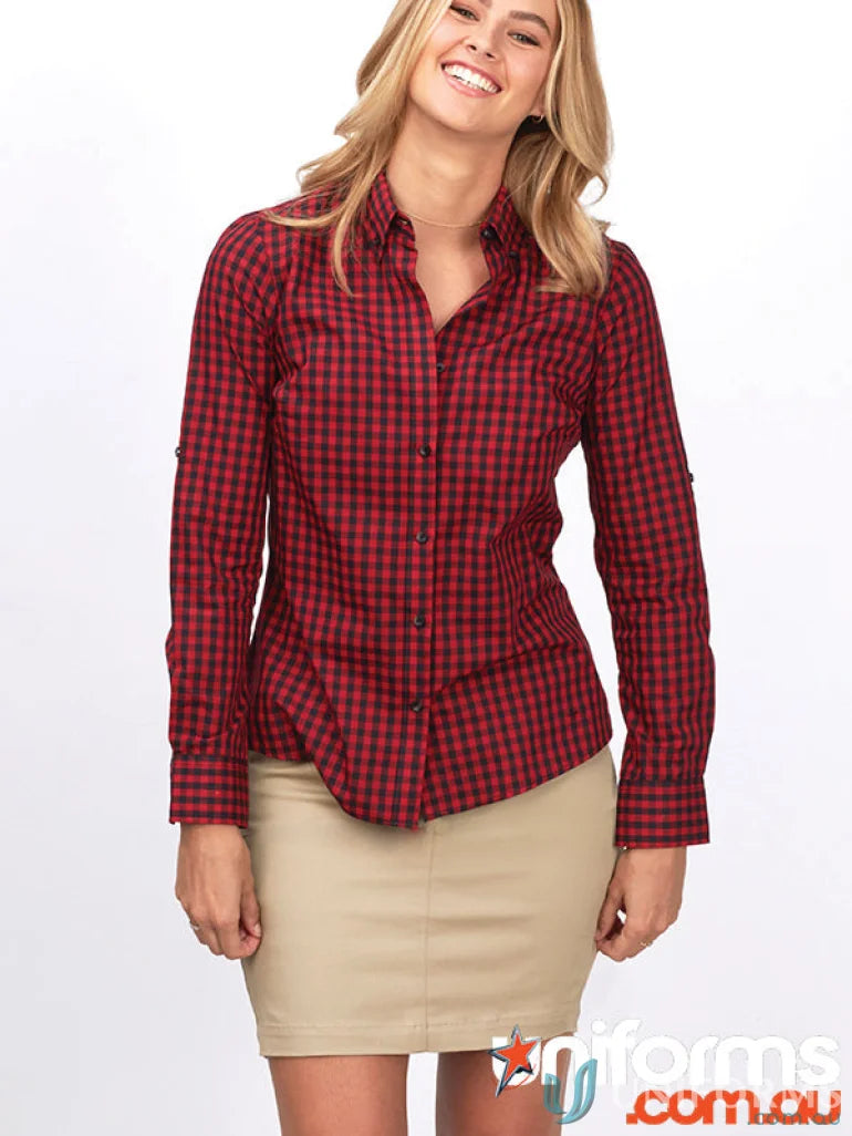 Red and black checkered button-down shirt with khaki lily chino skirt perfect for ladies