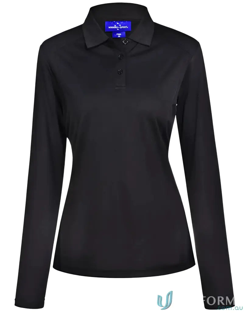 Ladies Lucky Bamboo long-sleeve black polo shirt with three-button placket